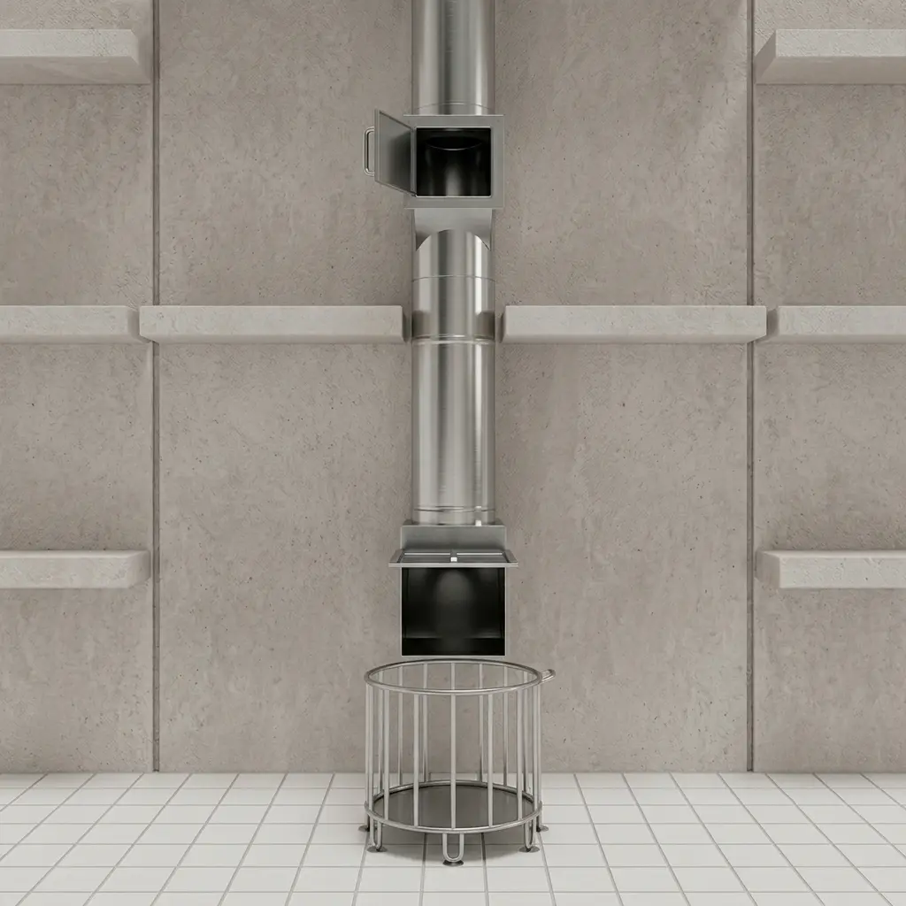 Sistem de ghena de rufe cu usa de incarcare, tubulatura inox si cos de colectare